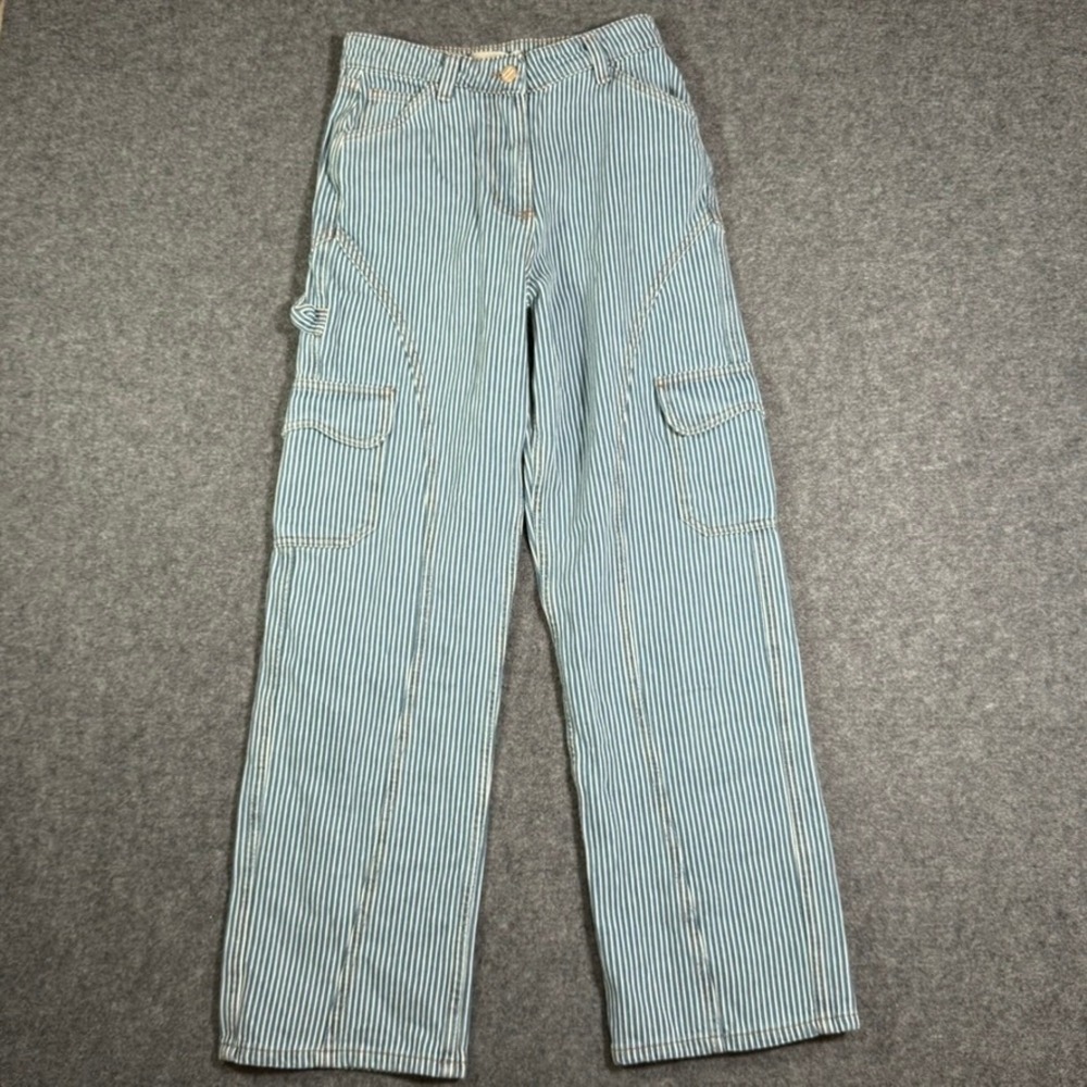 Damson Madder Hickory Stripe Cargo Carpenter Pants Blue Wide Leg Sz 10 US 6 NEW